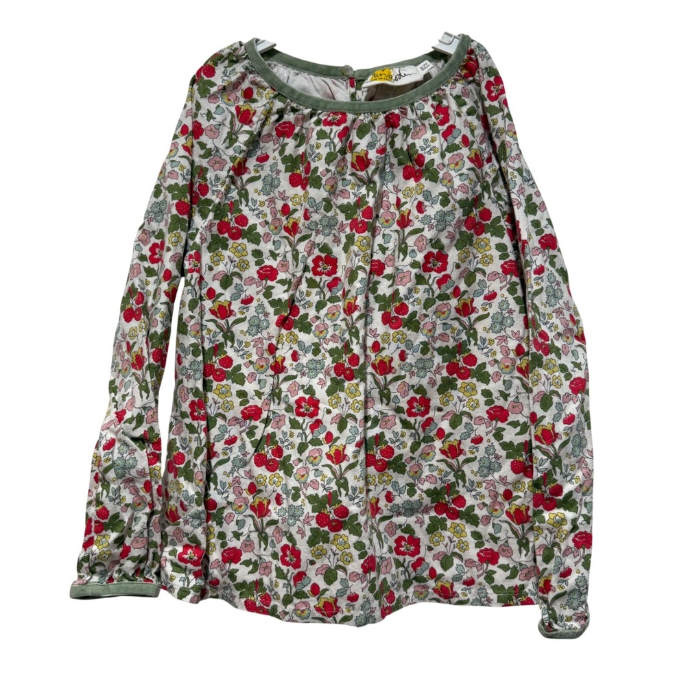 Mini Boden Girls Floral Strawberry Print Cotton Blouse Top Red Green 6-7Y